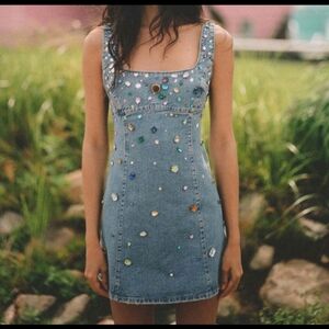 Zara Light Blue Denim Mini Dress with Multicolor Gem Embellishments